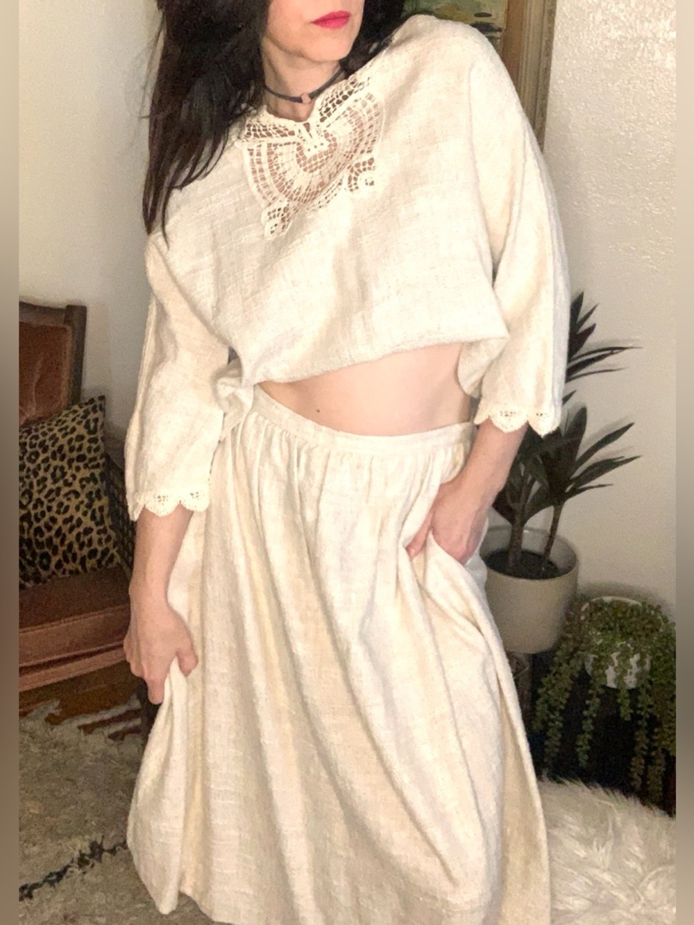 Vintage I.Magnin Cream Linen Blend Midi Skirt Set